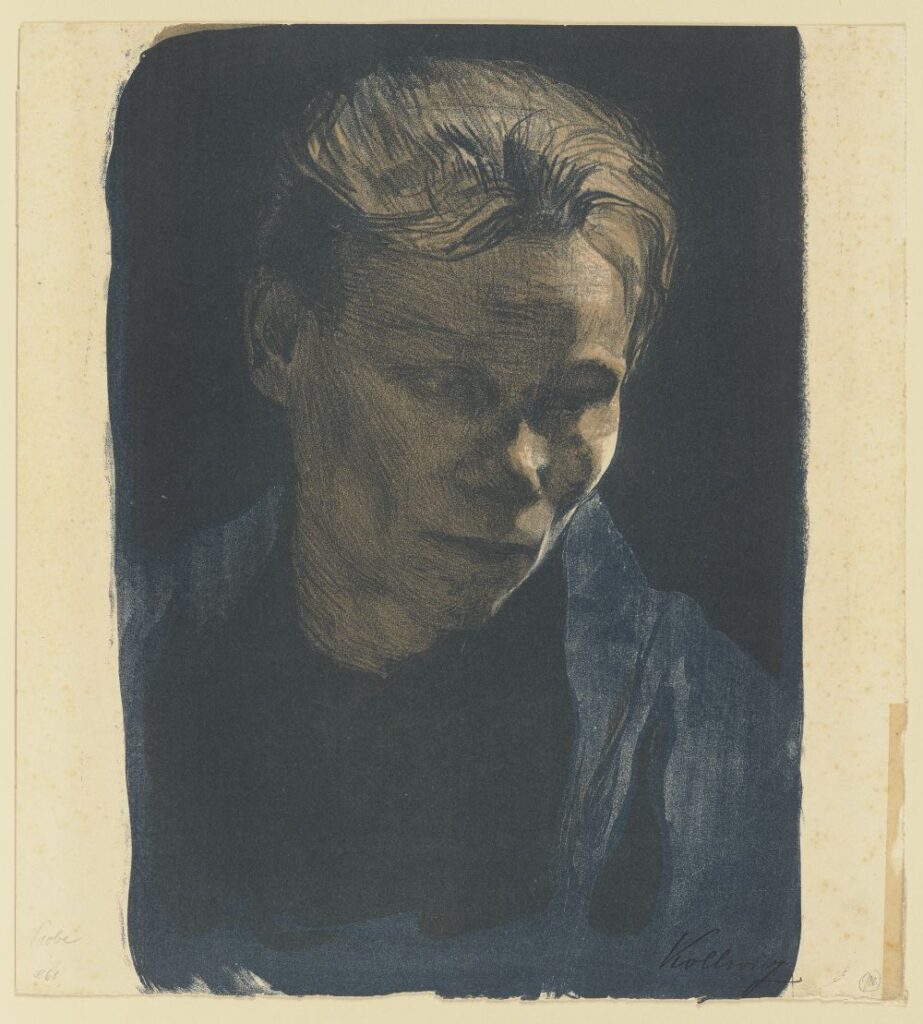 Brustbild einer Arbeiterfrau mit blauem Tuch von Käthe Kollwitz von 1903